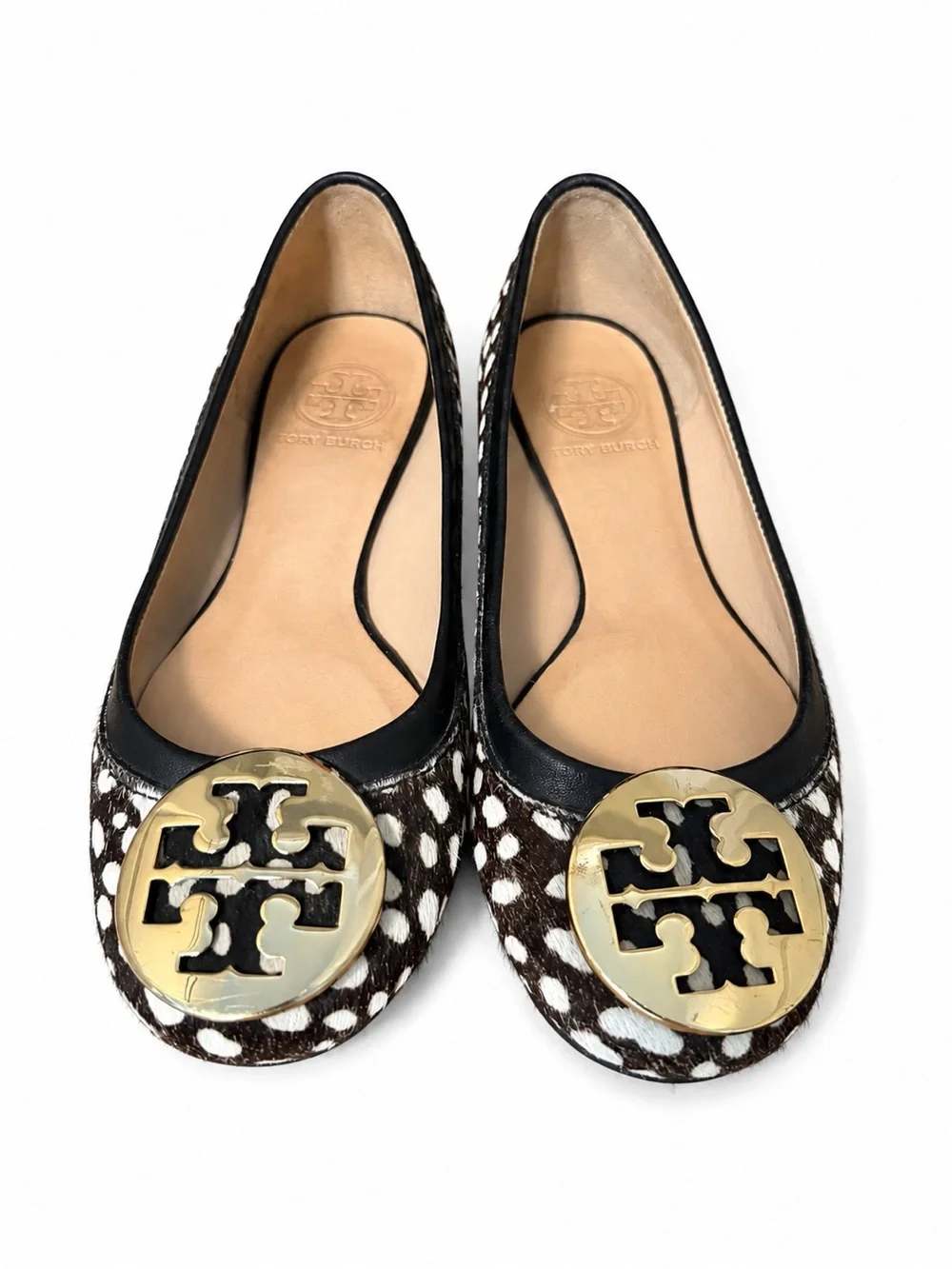 Tory Burch Brown & White Calf Hair Logo Medallion Flats